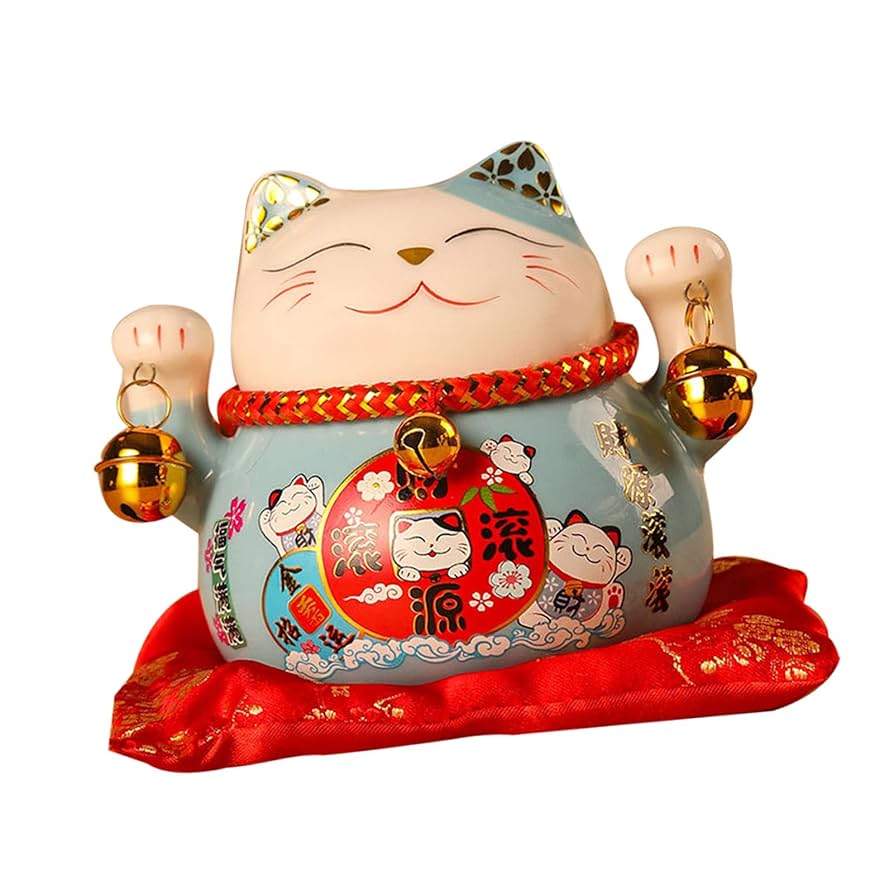 招き猫　⑦ 置物　貯金箱 牡丹招き猫 貯金箱 7寸（ゴールドベース//牡丹柄/ハチワレ